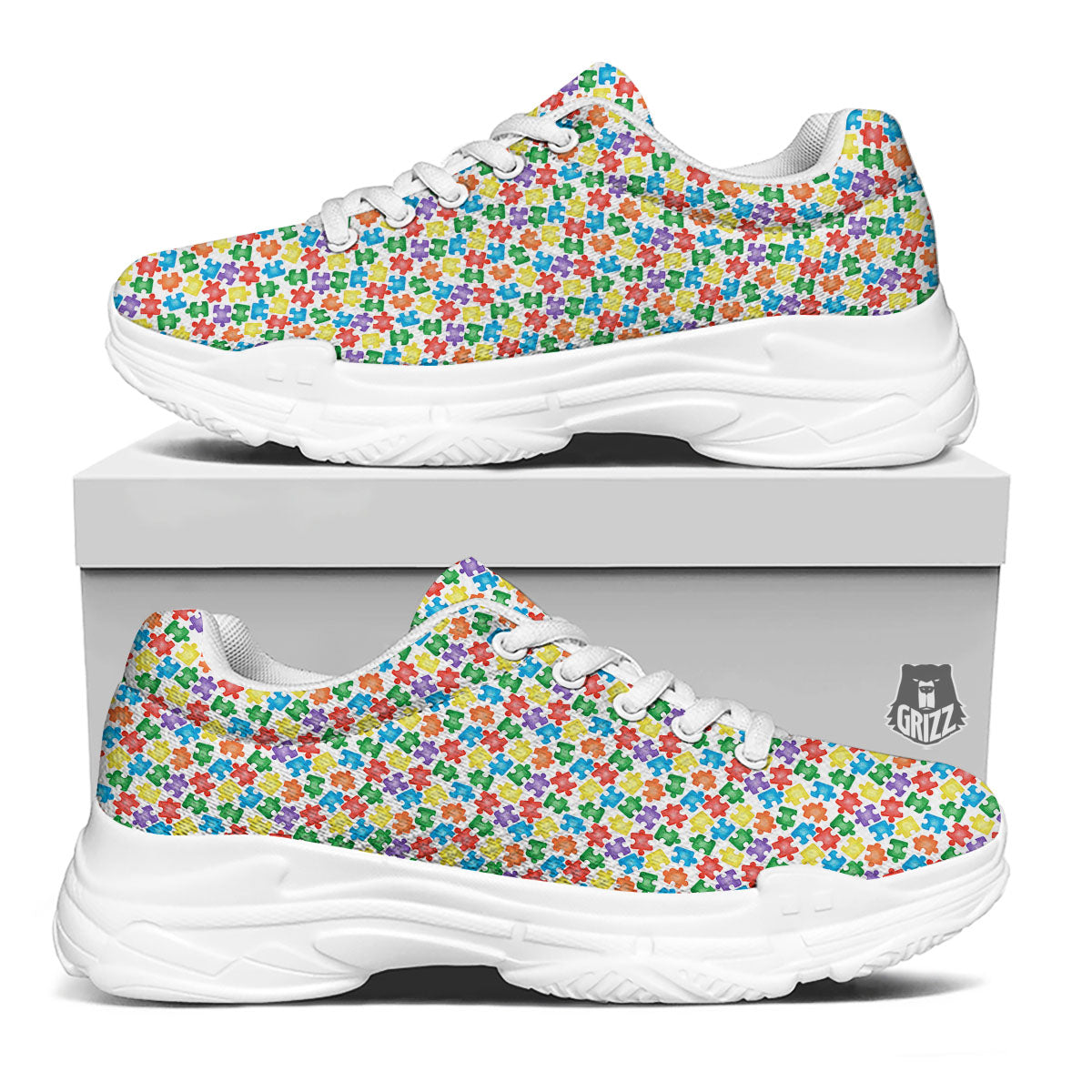 Puzzle Autism Awareness Print White Chunky Shoes-grizzshop