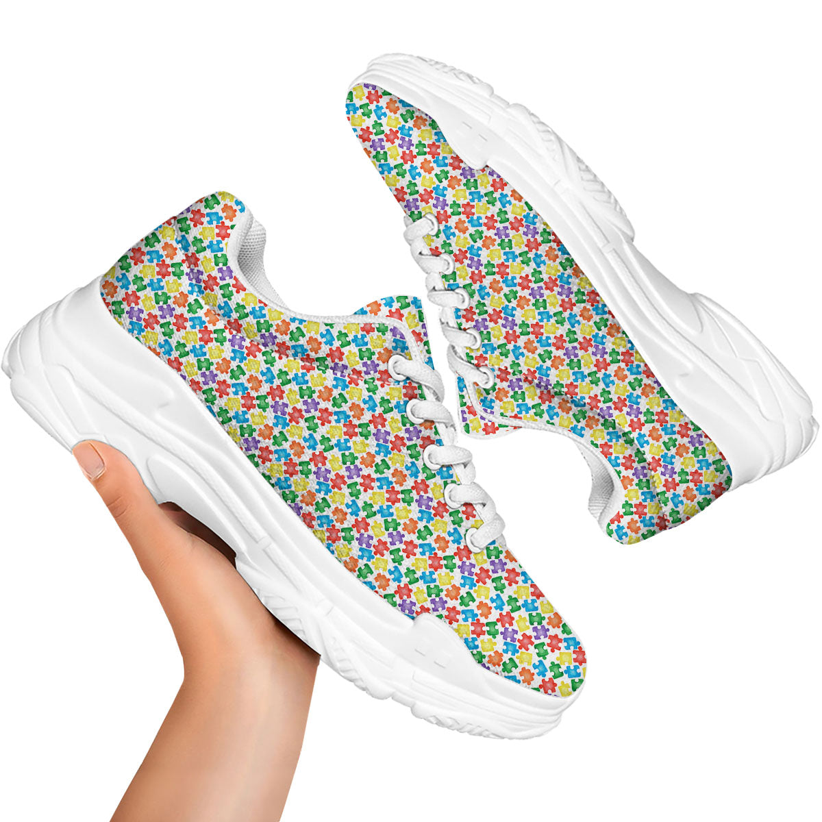 Puzzle Autism Awareness Print White Chunky Shoes-grizzshop