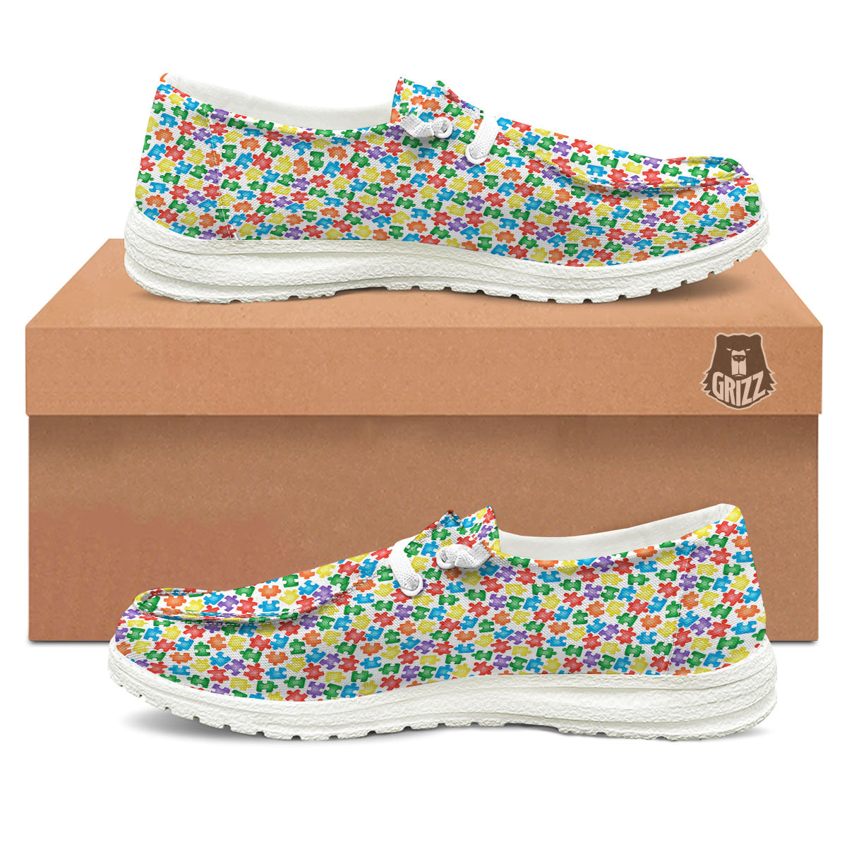 Puzzle Autism Awareness Print White Loafers-grizzshop