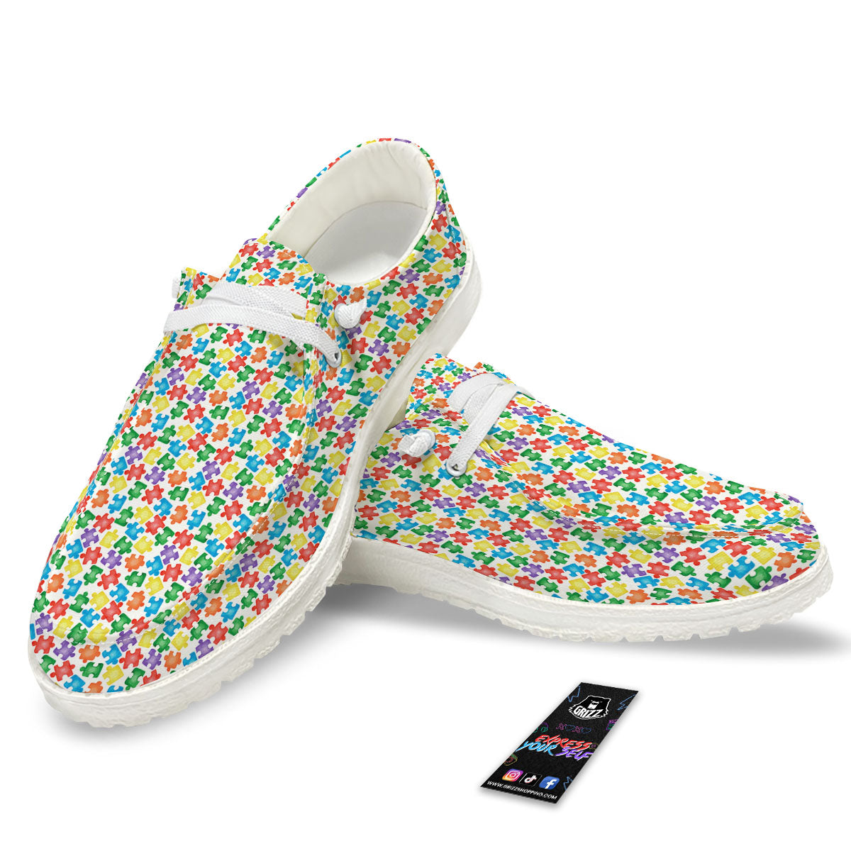 Puzzle Autism Awareness Print White Loafers-grizzshop