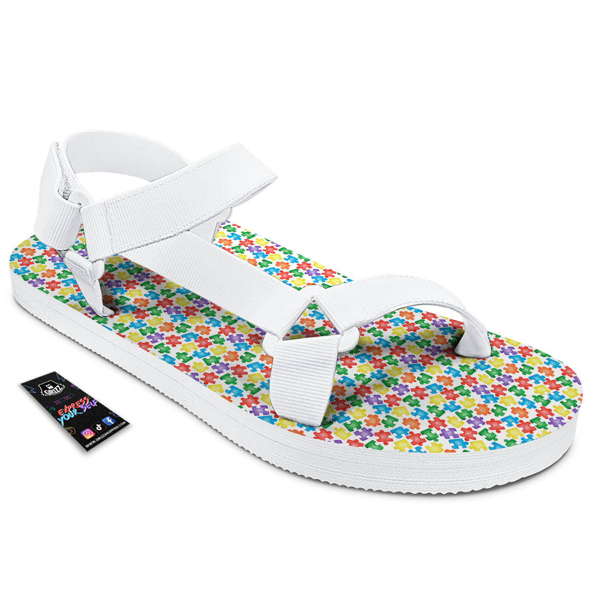 Puzzle Autism Awareness Print White Open Toe Sandals-grizzshop