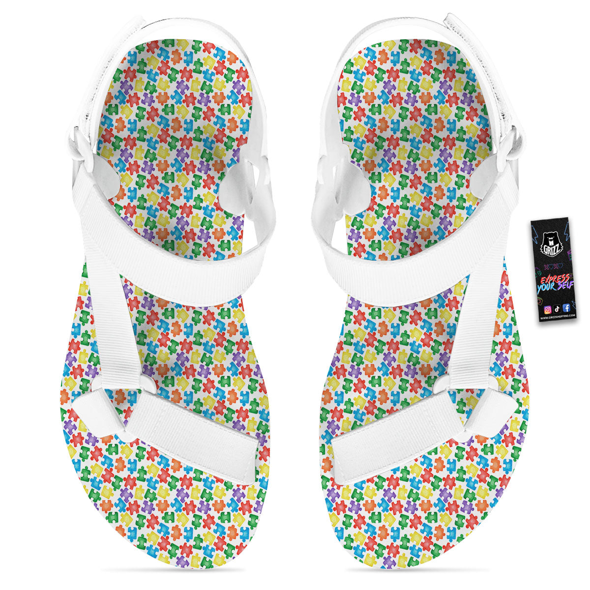 Puzzle Autism Awareness Print White Open Toe Sandals-grizzshop