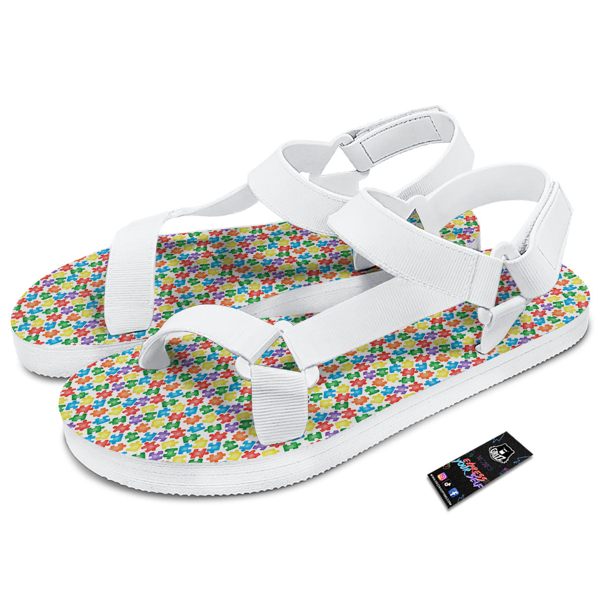 Puzzle Autism Awareness Print White Open Toe Sandals-grizzshop