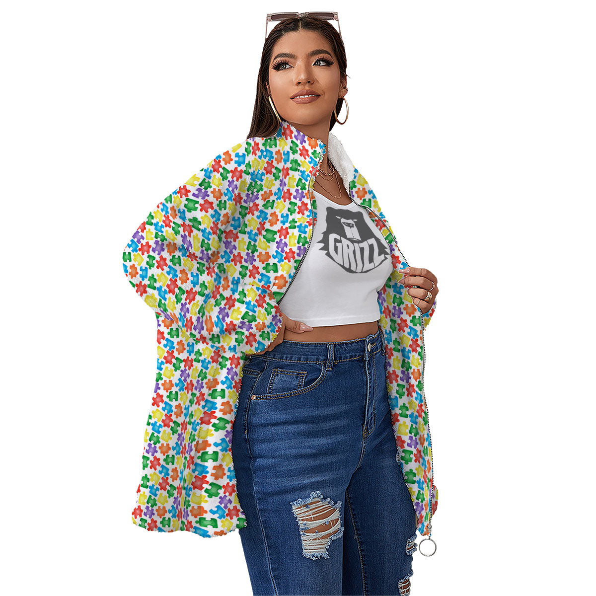 Puzzle Autism Awareness Print Women's Sherpa Jacket-grizzshop