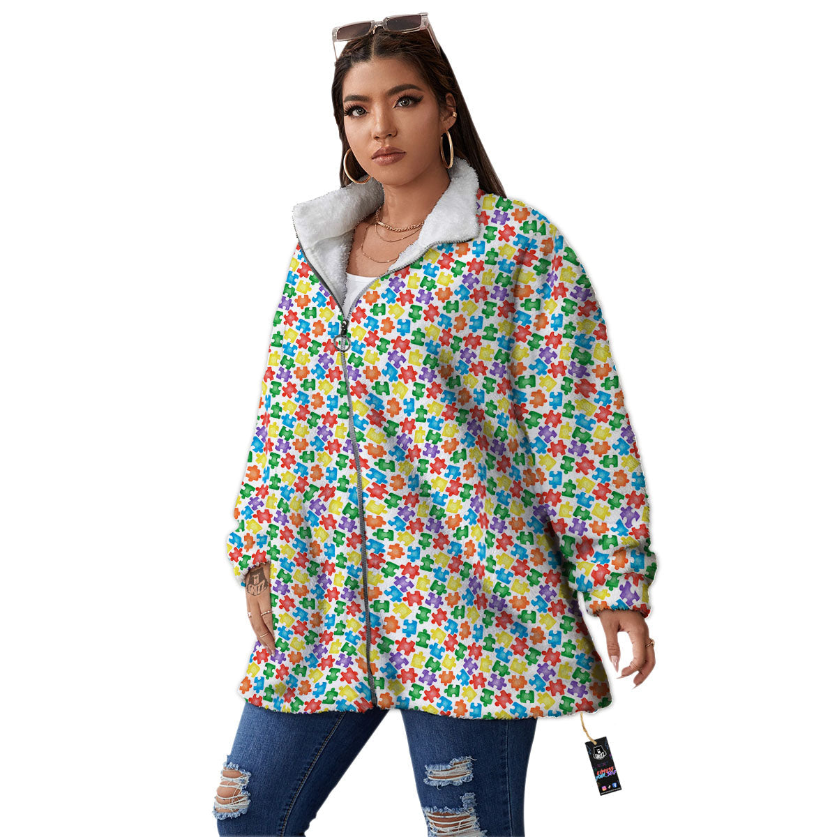 Puzzle Autism Awareness Print Women's Sherpa Jacket-grizzshop