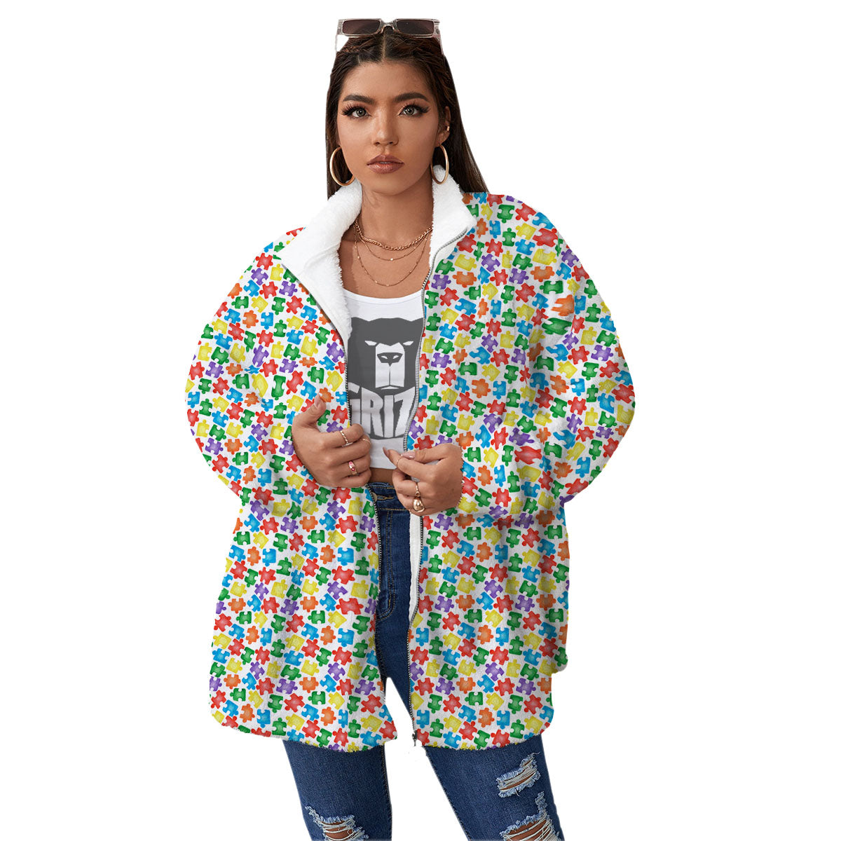 Puzzle Autism Awareness Print Women's Sherpa Jacket-grizzshop