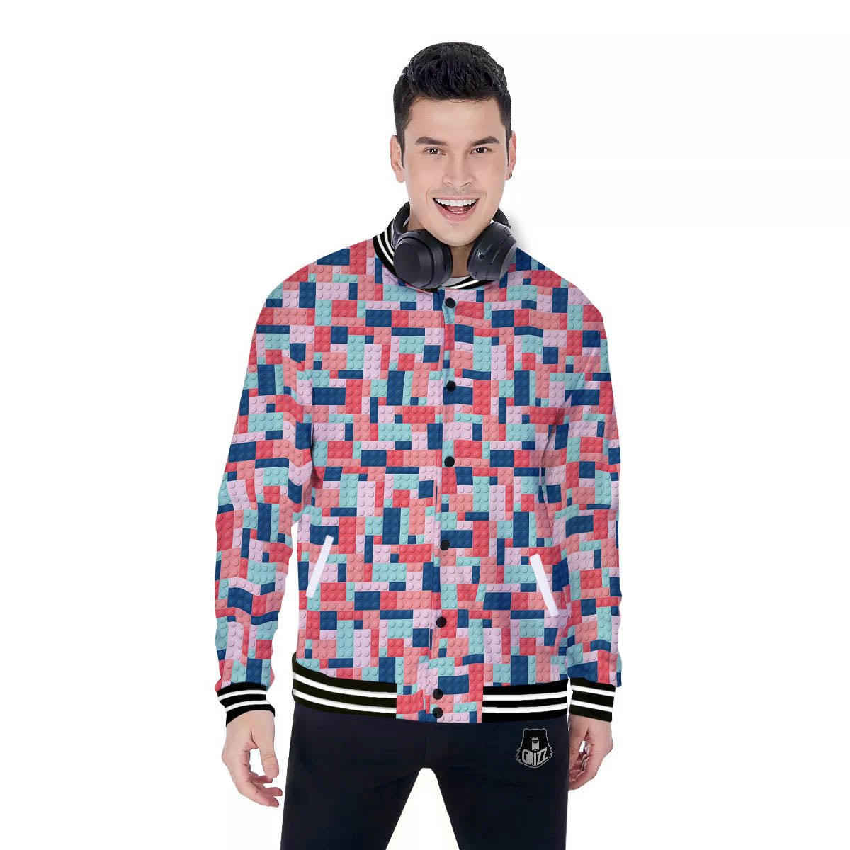 Puzzle Game Colorful Block Print Pattern Baseball Jacket-grizzshop