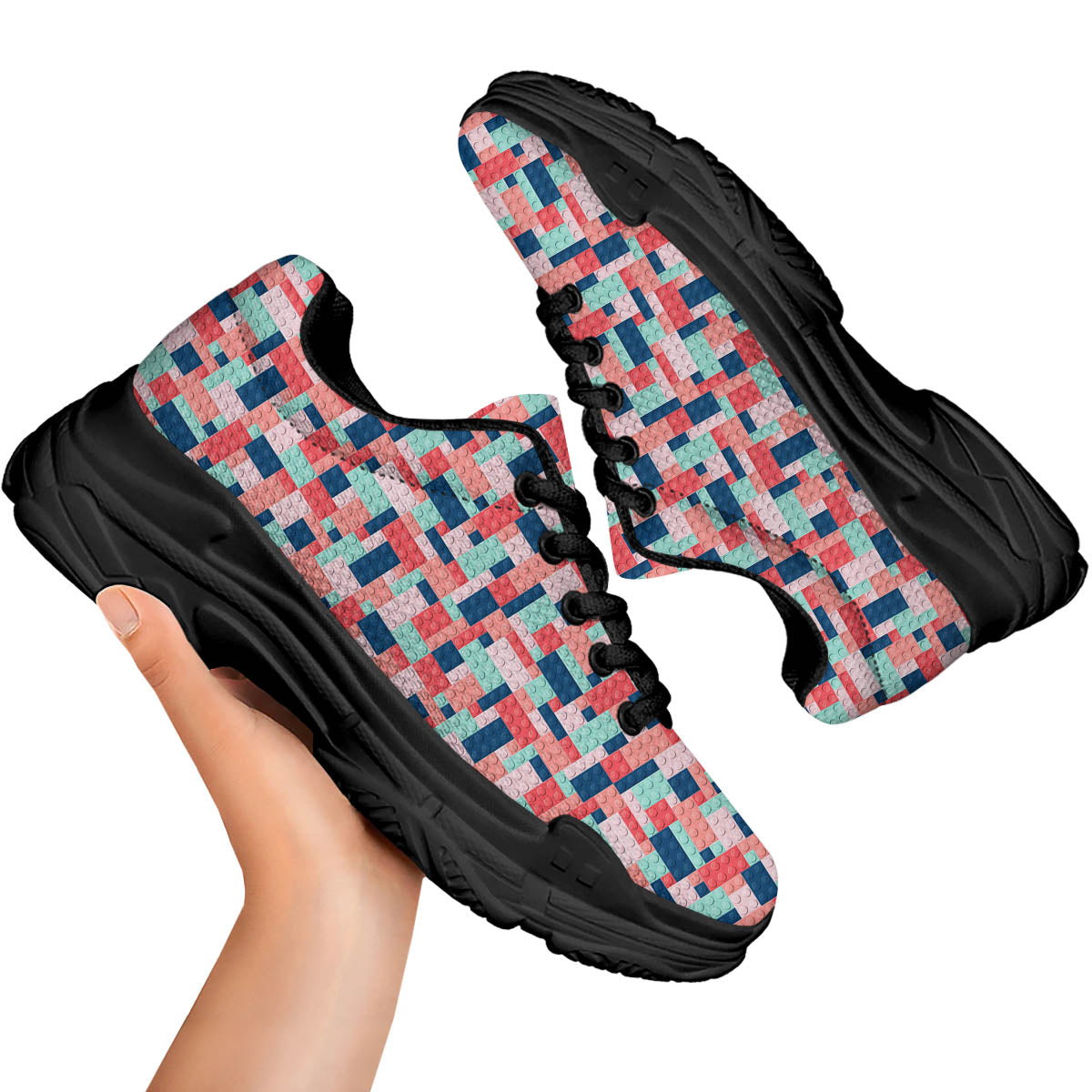 Puzzle Game Colorful Block Print Pattern Black Chunky Shoes-grizzshop