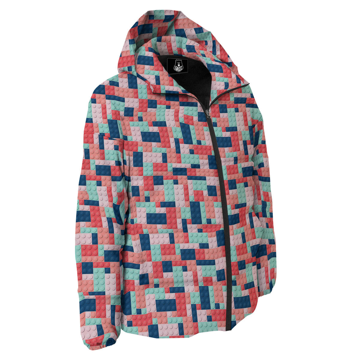 Puzzle Game Colorful Block Print Pattern Down Jacket-grizzshop