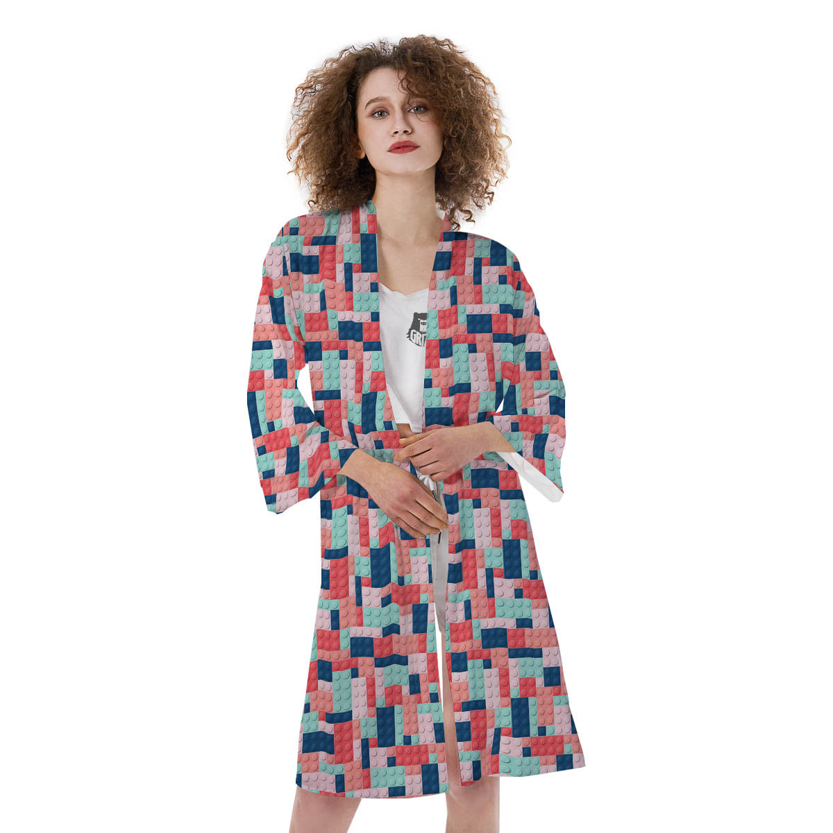 Puzzle Game Colorful Block Print Pattern Kimono-grizzshop