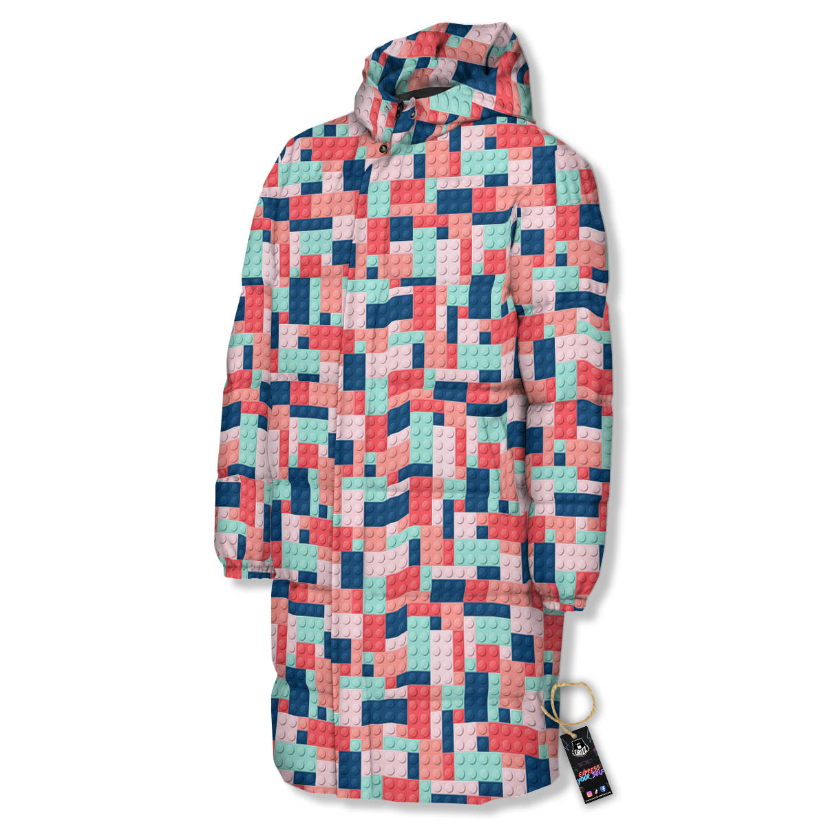 Puzzle Game Colorful Block Print Pattern Long Down Jacket-grizzshop