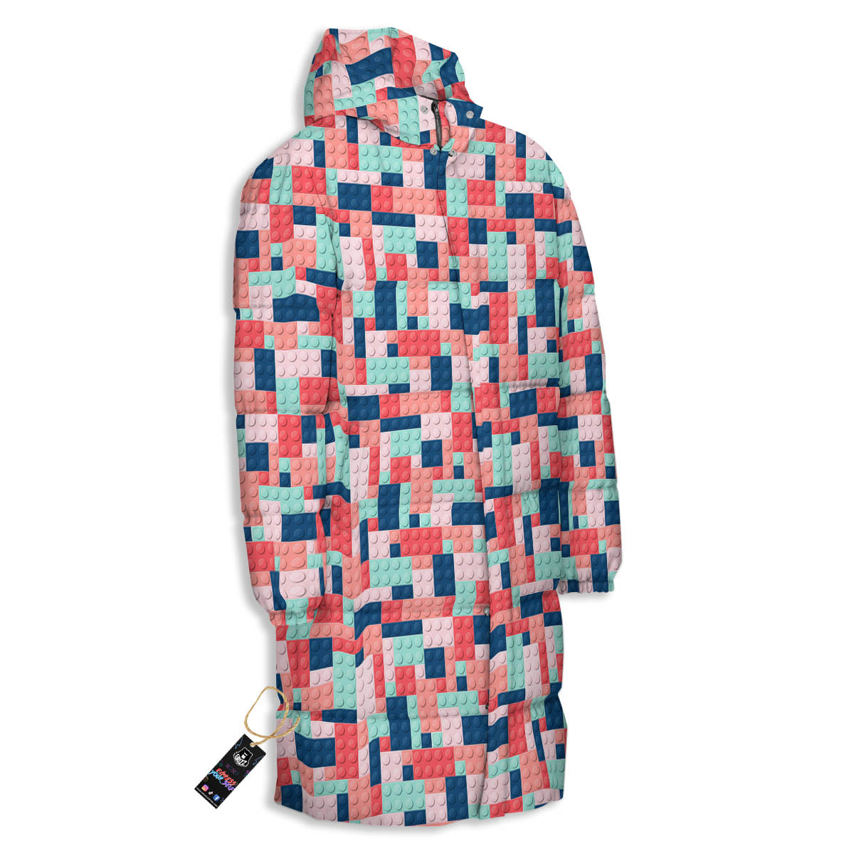 Puzzle Game Colorful Block Print Pattern Long Down Jacket-grizzshop