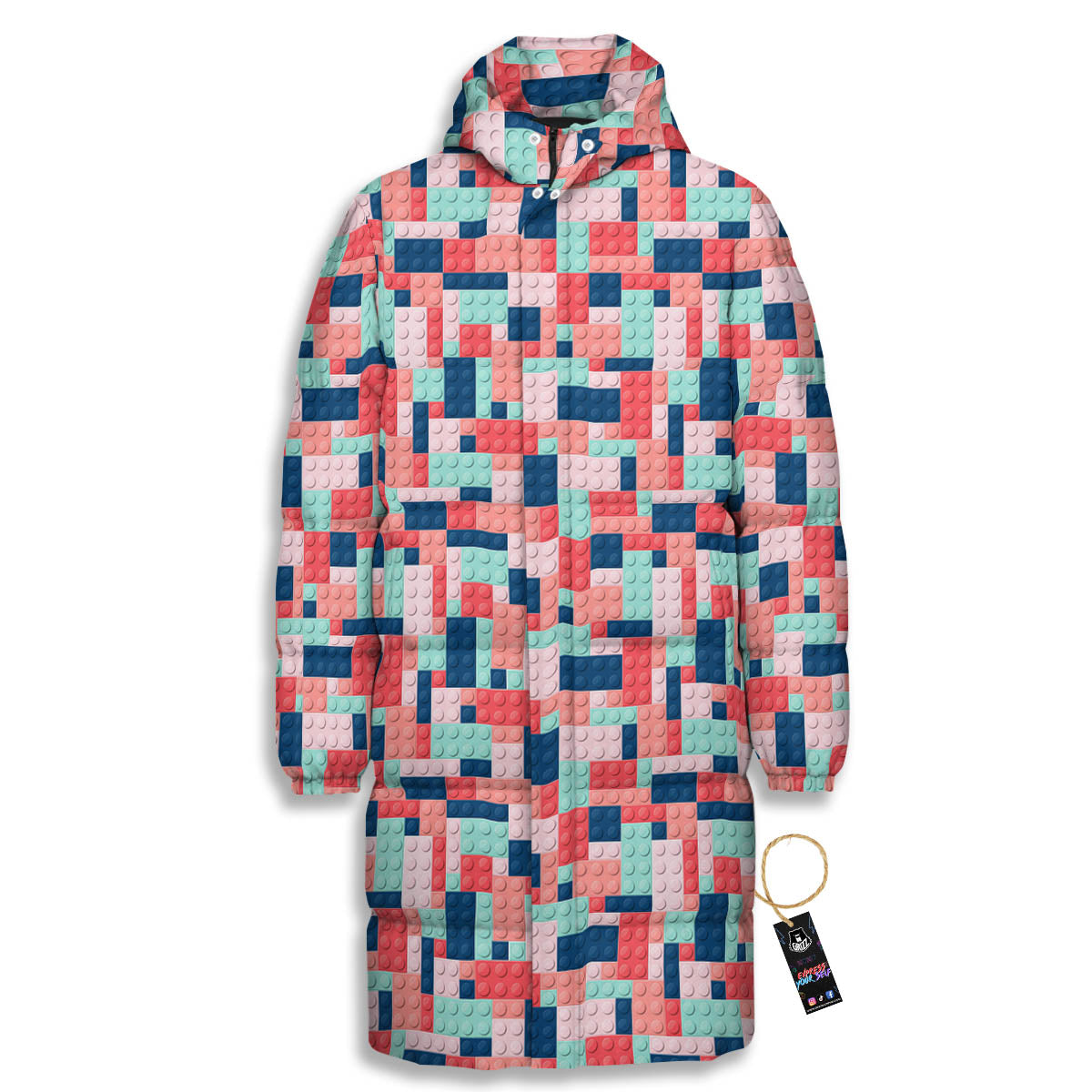 Puzzle Game Colorful Block Print Pattern Long Down Jacket-grizzshop