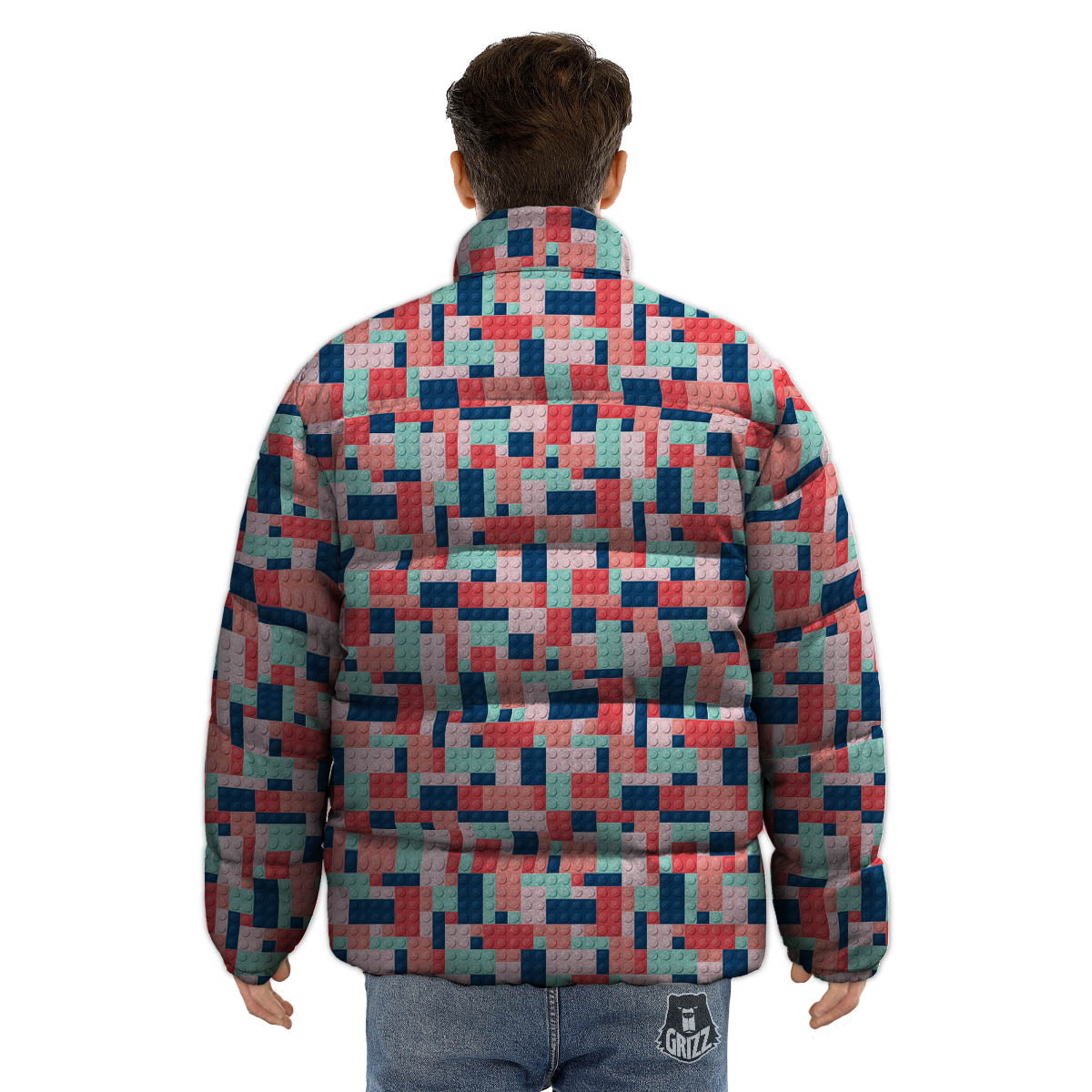 Puzzle Game Colorful Block Print Pattern Puffer Jacket-grizzshop