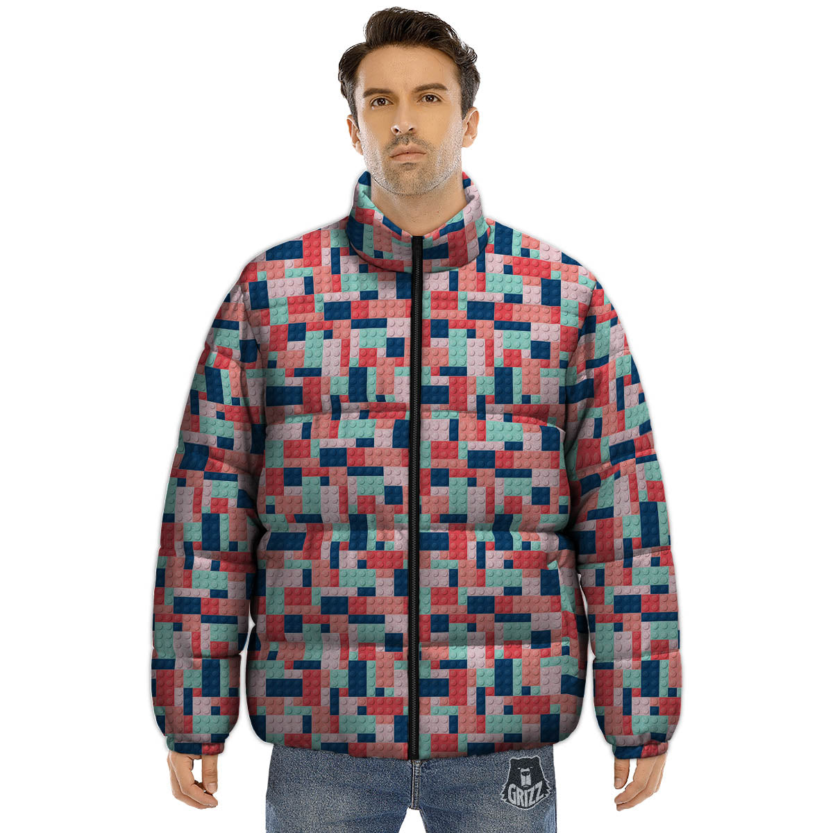 Puzzle Game Colorful Block Print Pattern Puffer Jacket-grizzshop