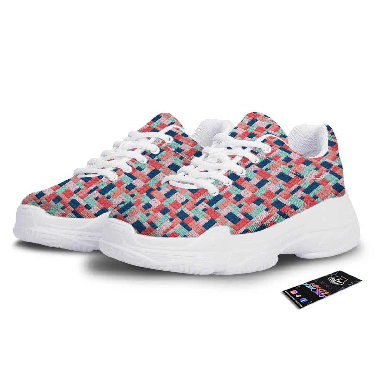 Puzzle Game Colorful Block Print Pattern White Chunky Shoes-grizzshop