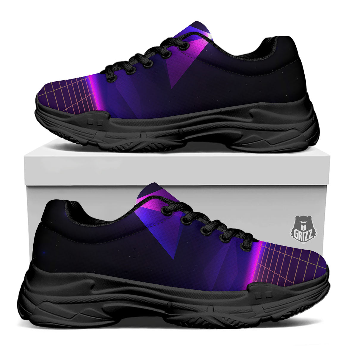 Pyramid Cloud Purple Print Black Chunky Shoes-grizzshop