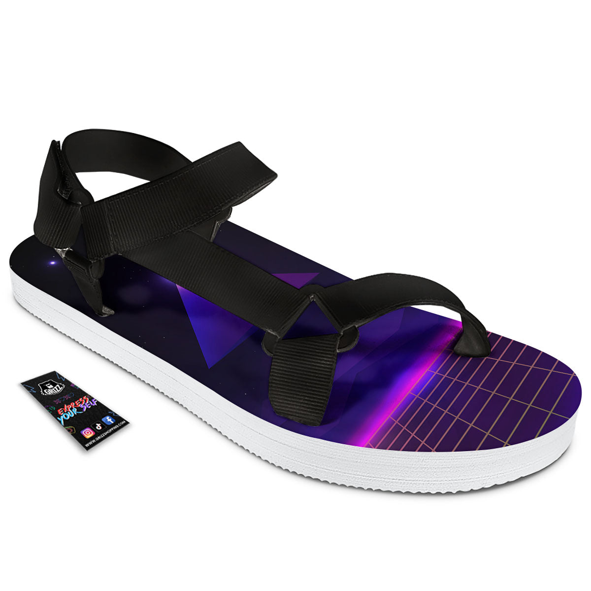 Pyramid Cloud Purple Print Black Open Toe Sandals-grizzshop
