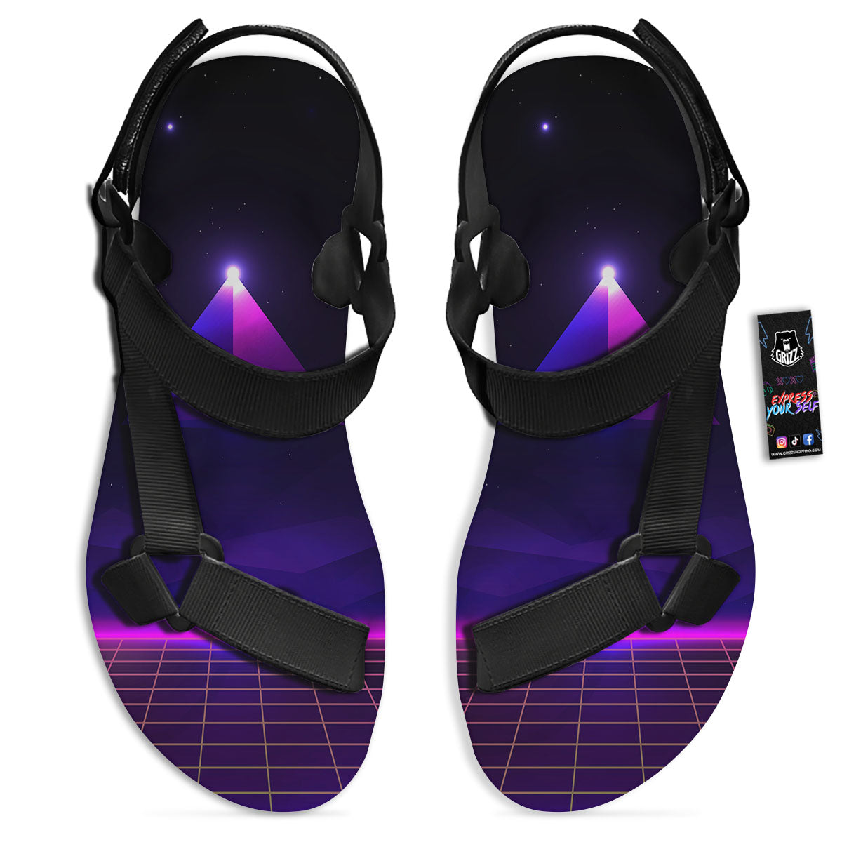 Pyramid Cloud Purple Print Black Open Toe Sandals-grizzshop