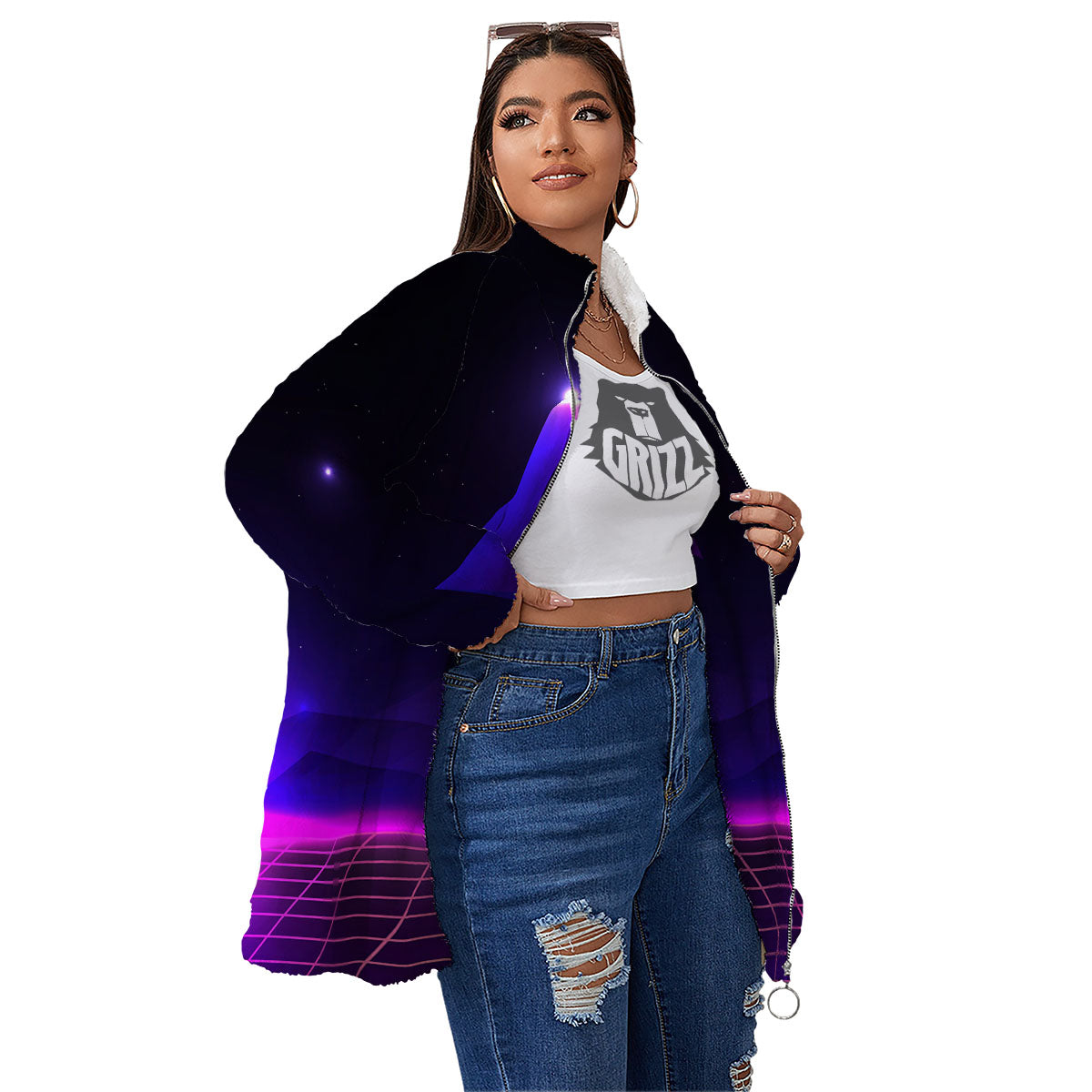 Pyramid Cloud Purple Print Women's Sherpa Jacket-grizzshop