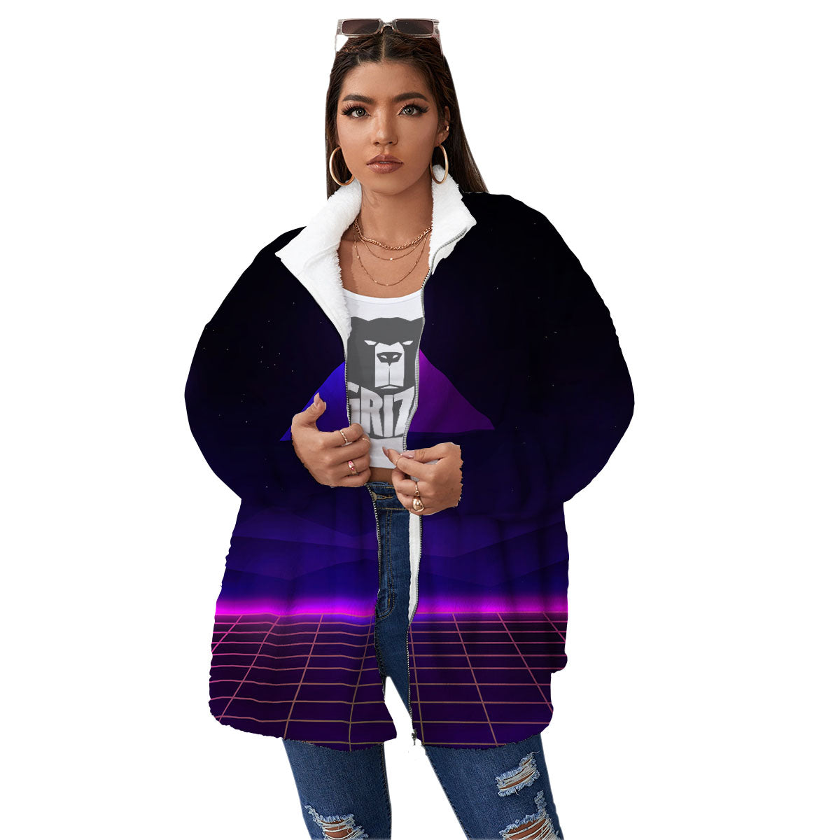 Pyramid Cloud Purple Print Women's Sherpa Jacket-grizzshop