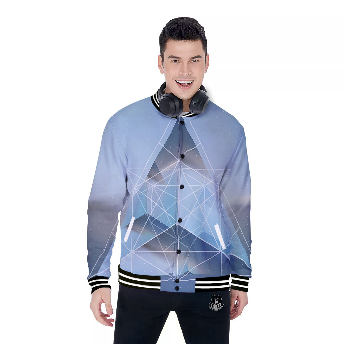 Pyramid Geometric Print Baseball Jacket-grizzshop
