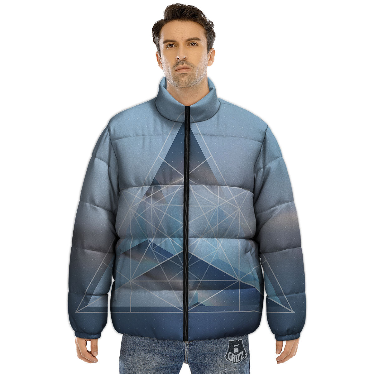 Pyramid Geometric Print Puffer Jacket-grizzshop