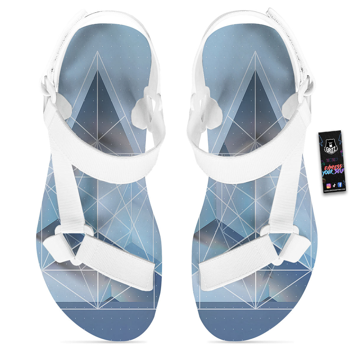 Pyramid Geometric Print White Open Toe Sandals-grizzshop