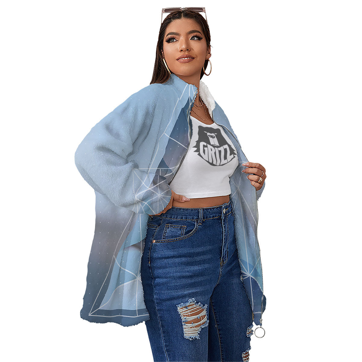 Pyramid Geometric Print Women's Sherpa Jacket-grizzshop
