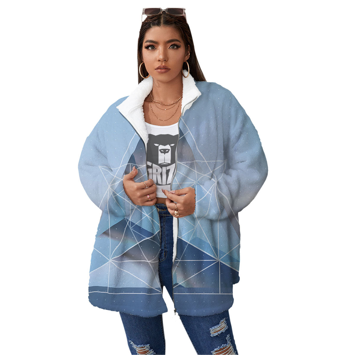 Pyramid Geometric Print Women's Sherpa Jacket-grizzshop