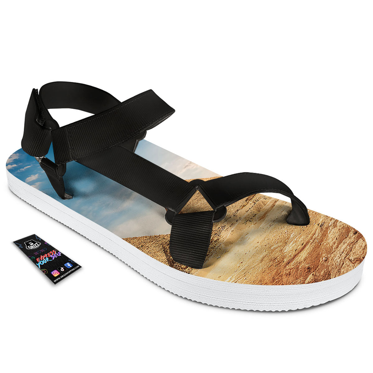Pyramid Giza Print Black Open Toe Sandals-grizzshop