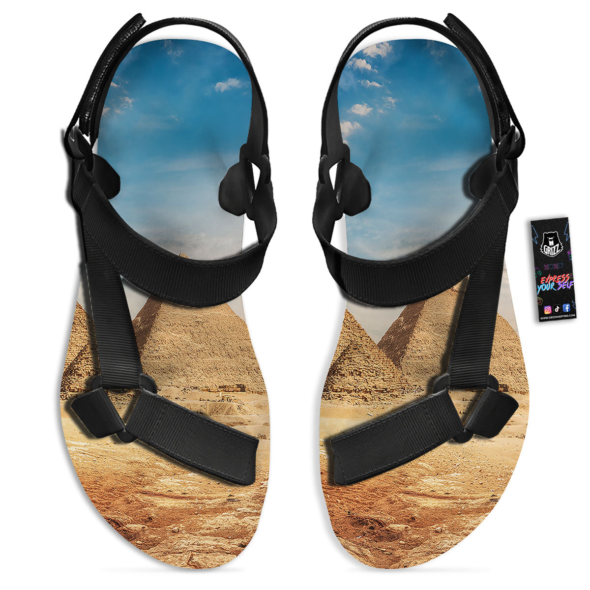 Pyramid Giza Print Black Open Toe Sandals-grizzshop