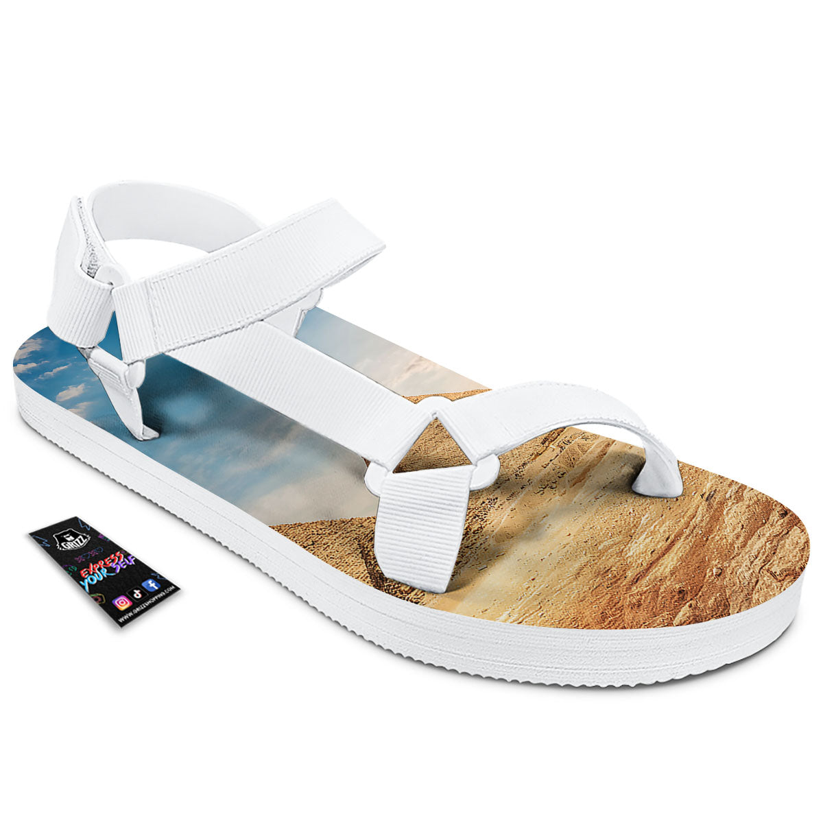 Pyramid Giza Print White Open Toe Sandals-grizzshop