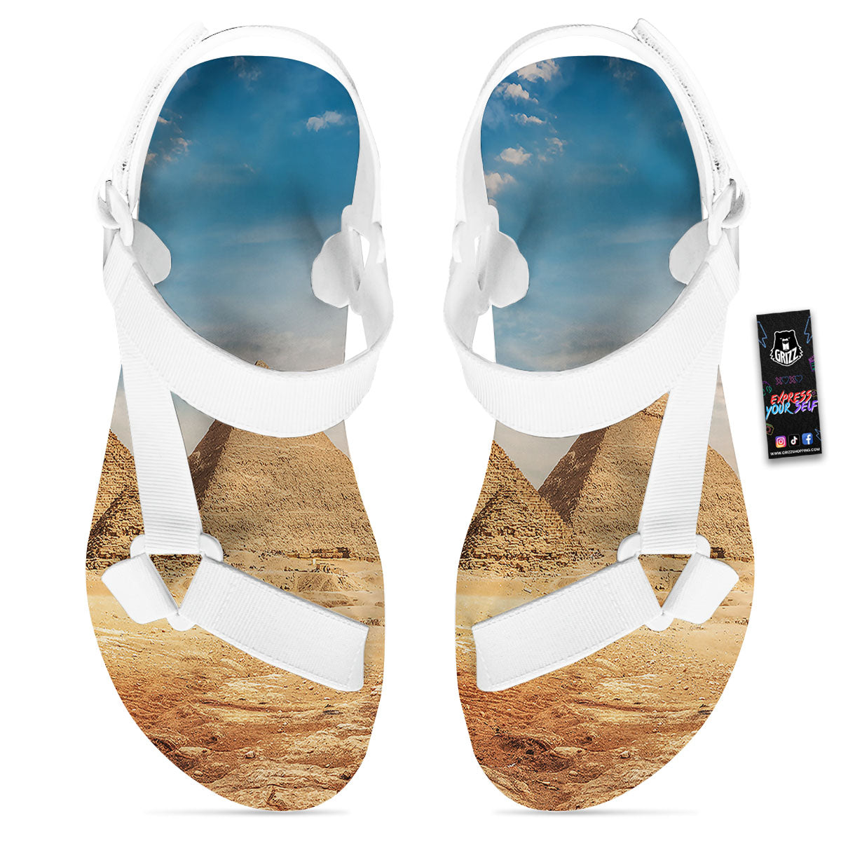 Pyramid Giza Print White Open Toe Sandals-grizzshop