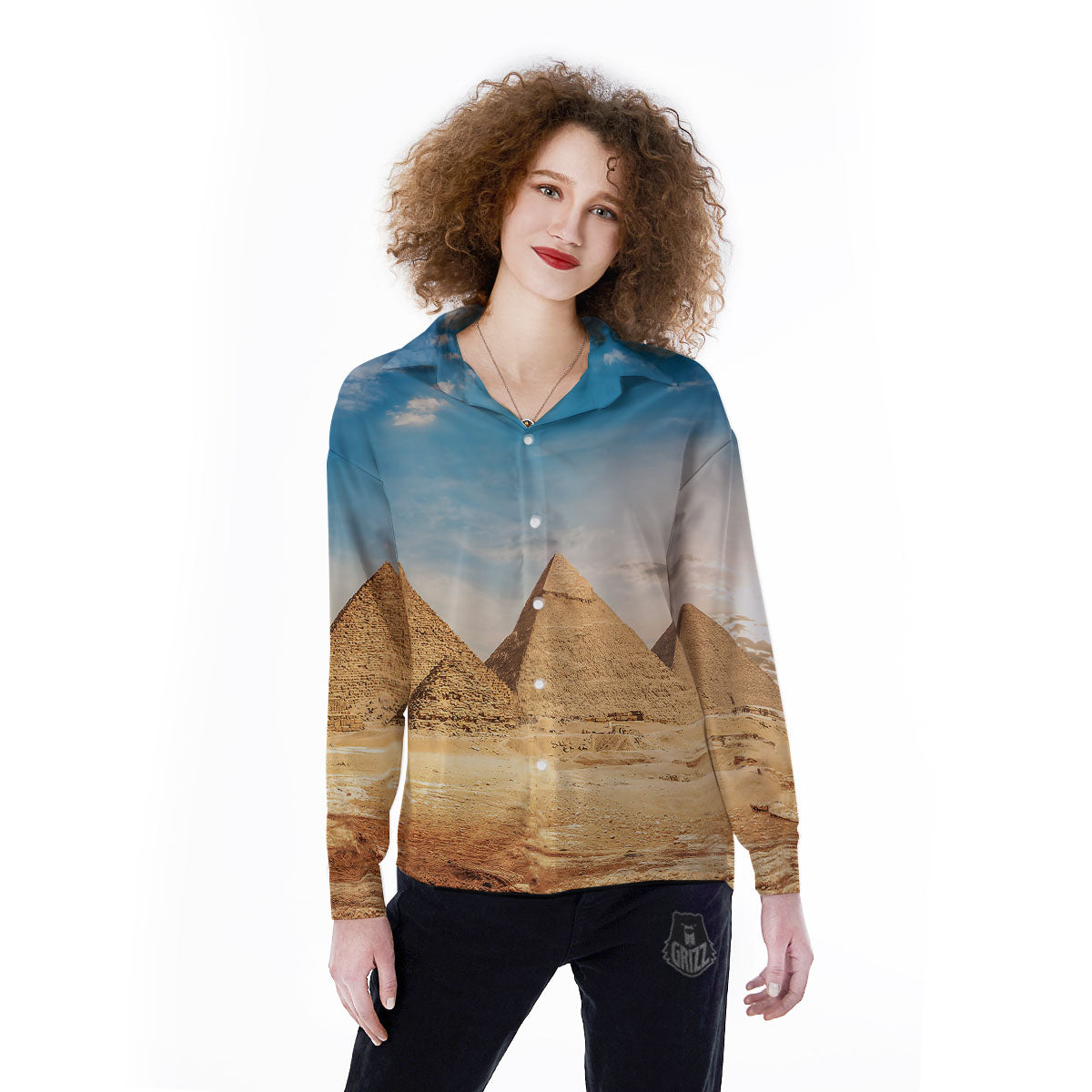 Pyramid Giza Print Women's Long Sleeve Shirts-grizzshop