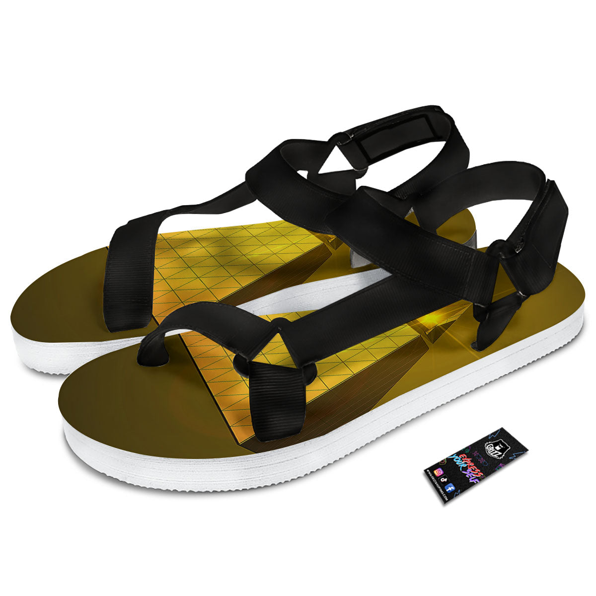 Pyramid Golden Print Black Open Toe Sandals-grizzshop