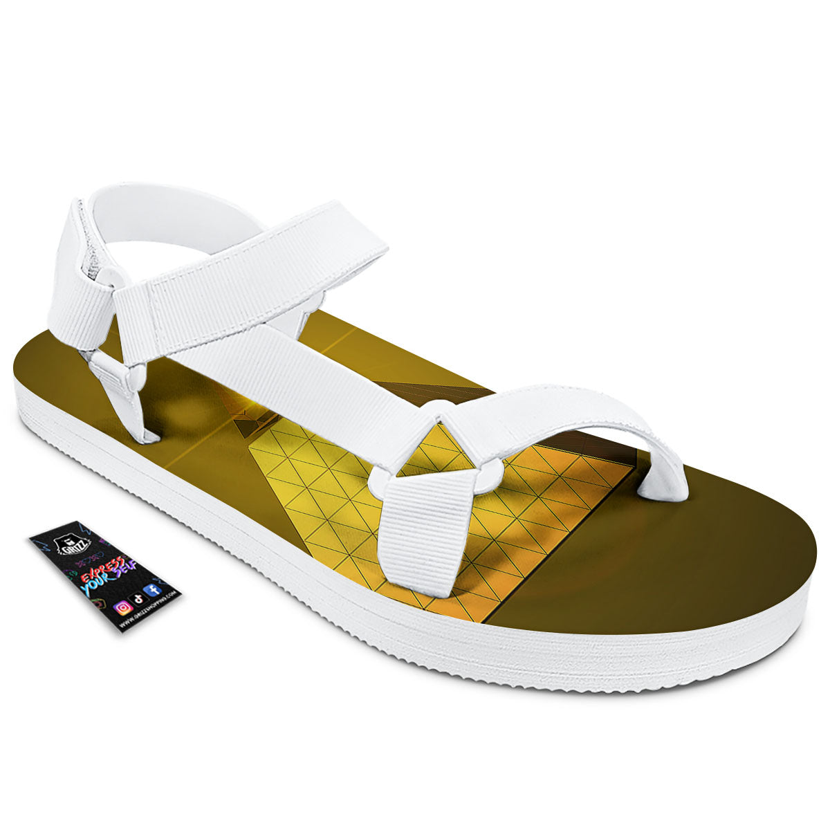 Pyramid Golden Print White Open Toe Sandals-grizzshop