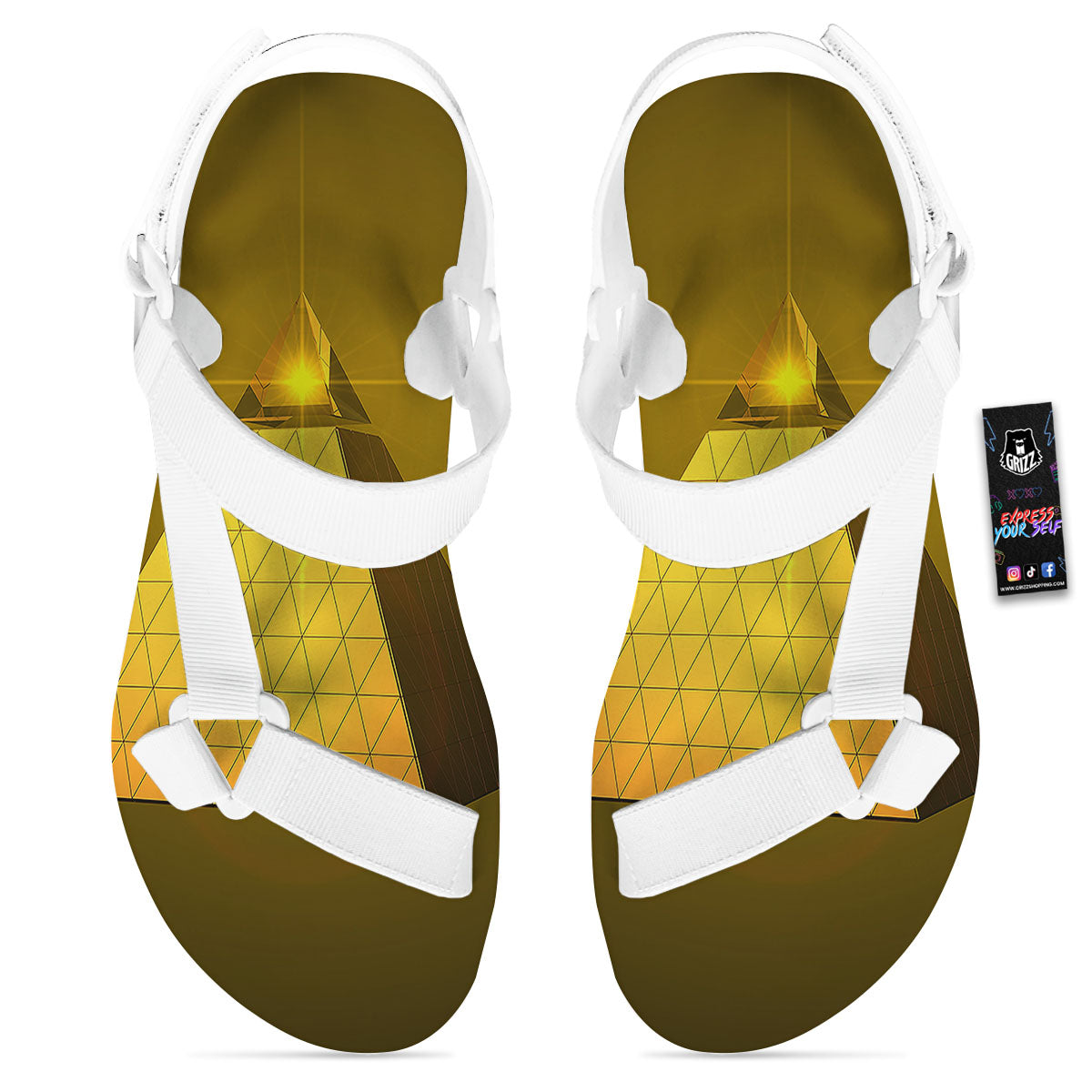 Pyramid Golden Print White Open Toe Sandals-grizzshop
