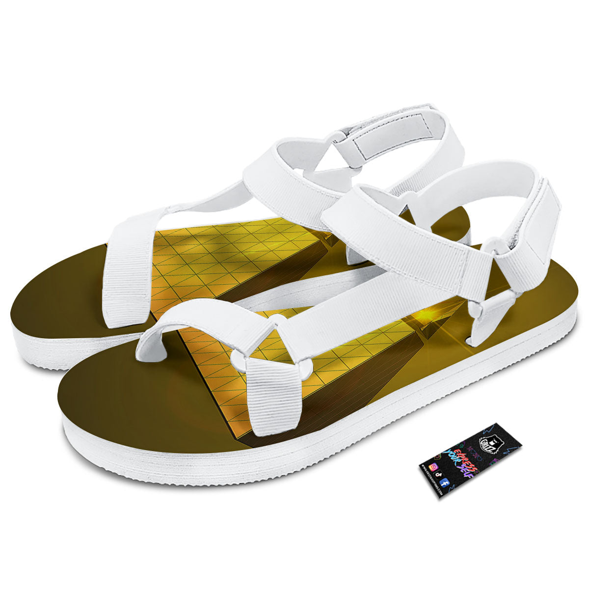 Pyramid Golden Print White Open Toe Sandals-grizzshop
