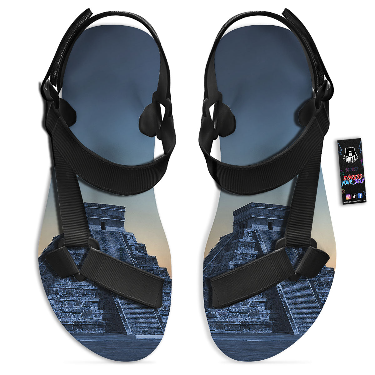 Pyramid Mayan Print Black Open Toe Sandals-grizzshop