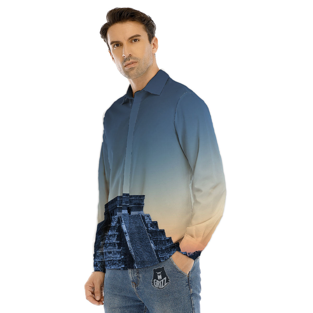 Pyramid Mayan Print Men's Dress Shirts-grizzshop