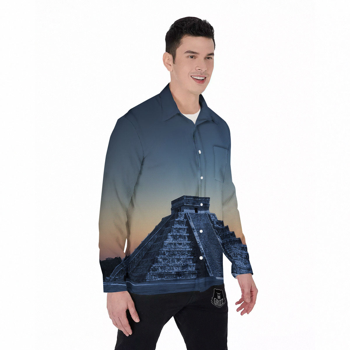 Pyramid Mayan Print Men's Long Sleeve Shirts-grizzshop