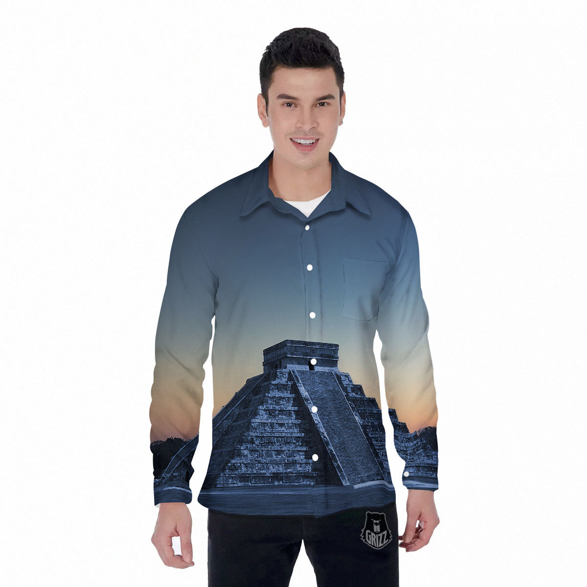 Pyramid Mayan Print Men's Long Sleeve Shirts-grizzshop