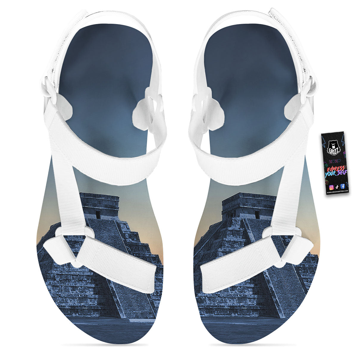 Pyramid Mayan Print White Open Toe Sandals-grizzshop