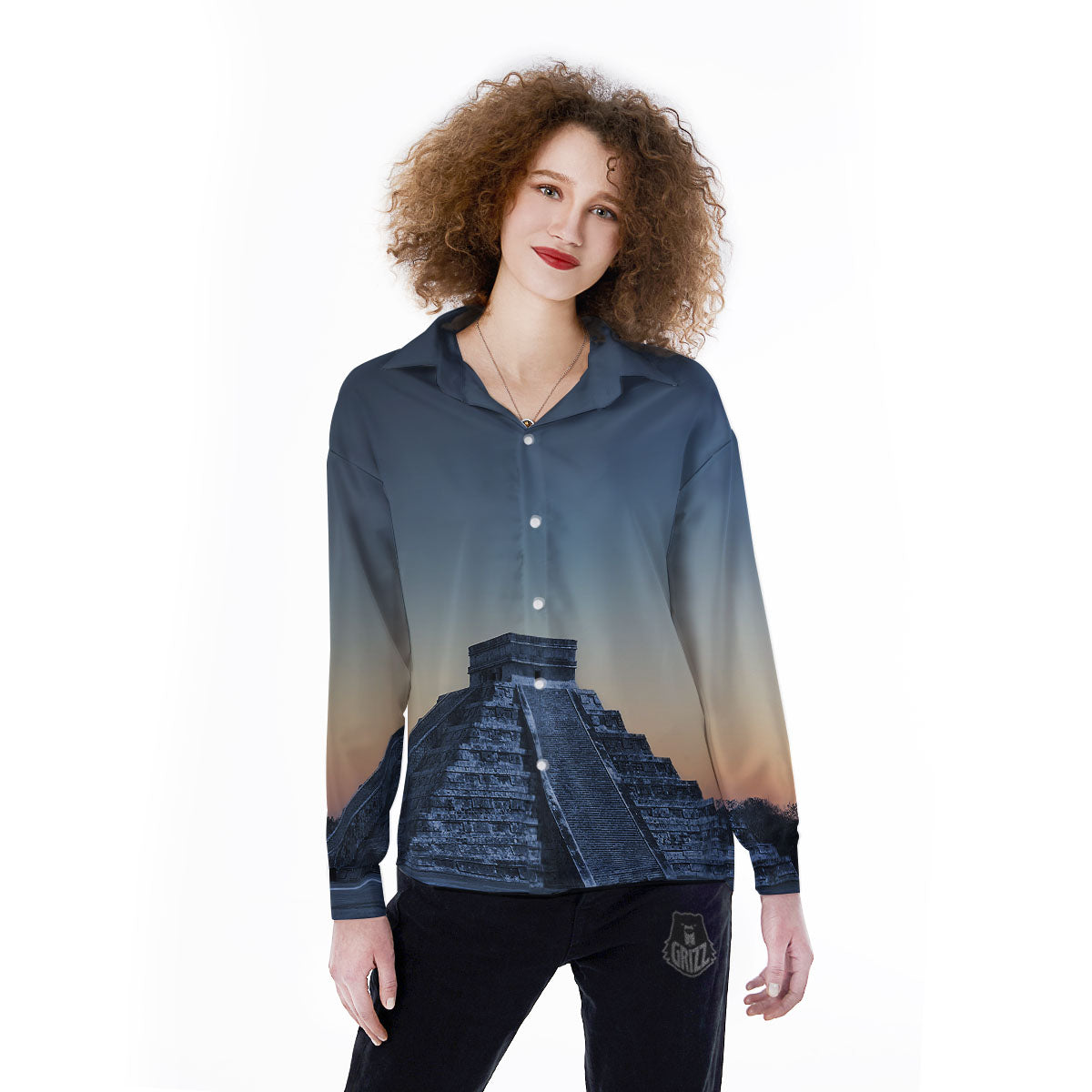 Pyramid Mayan Print Women's Long Sleeve Shirts-grizzshop