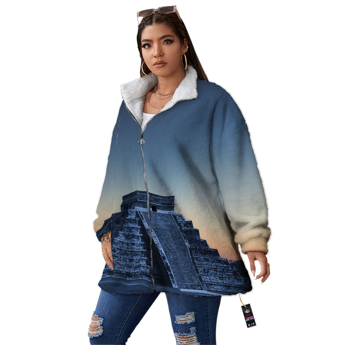 Pyramid Mayan Print Women's Sherpa Jacket-grizzshop
