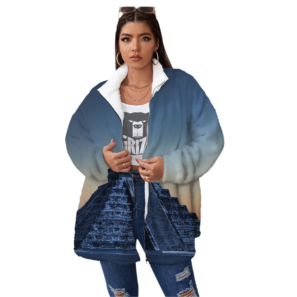 Pyramid Mayan Print Women's Sherpa Jacket-grizzshop