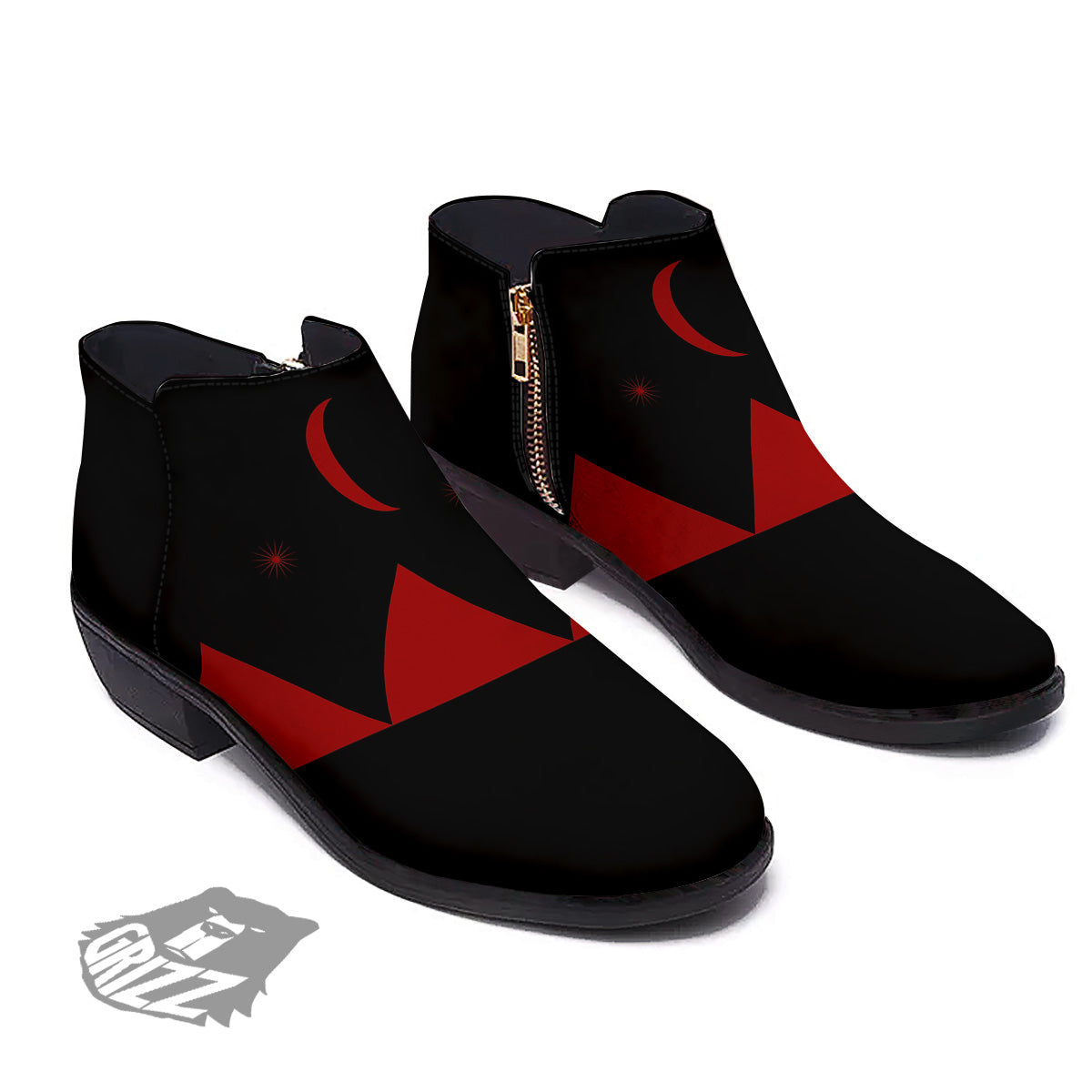Pyramid Red Moon Print Ankle Boots-grizzshop