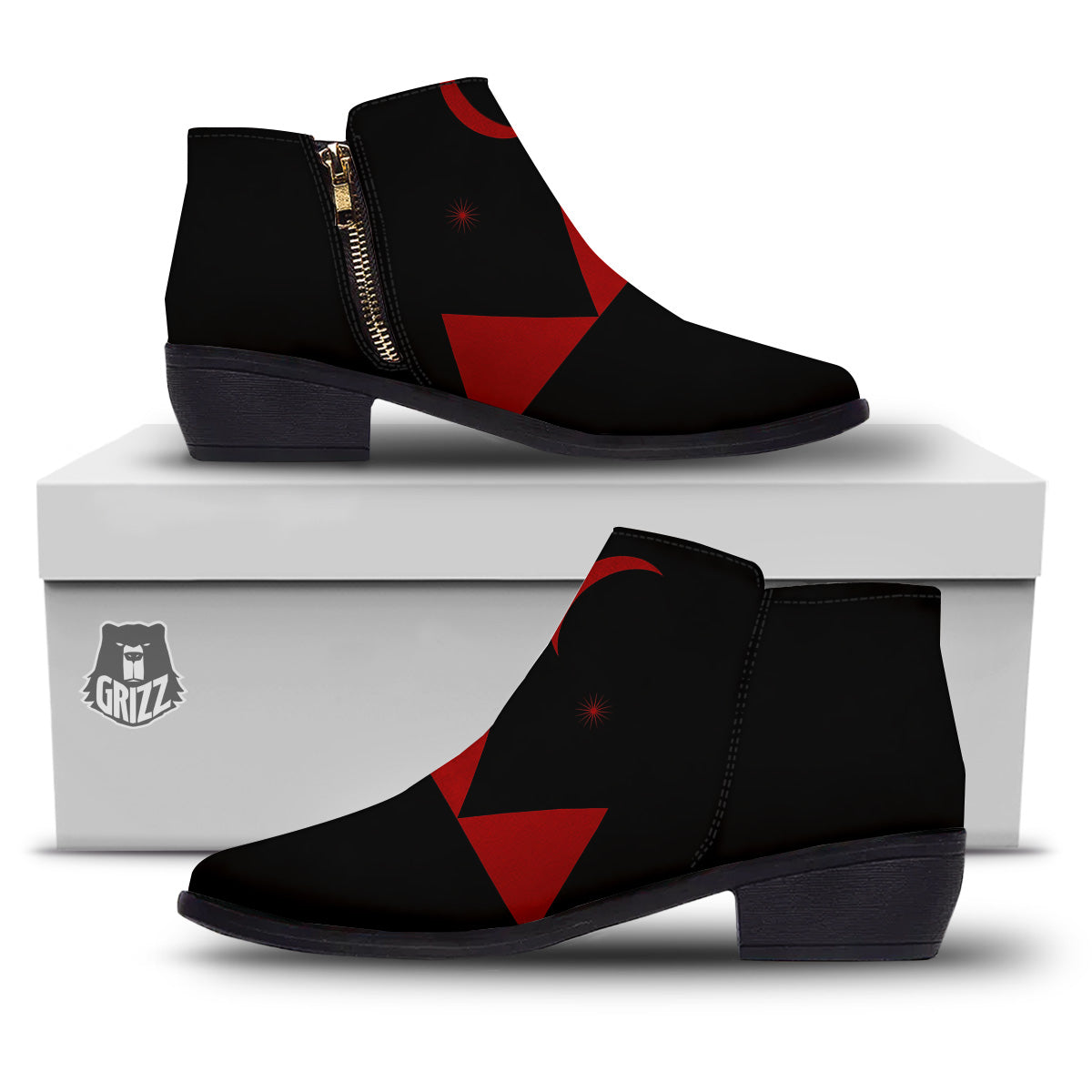 Pyramid Red Moon Print Ankle Boots-grizzshop