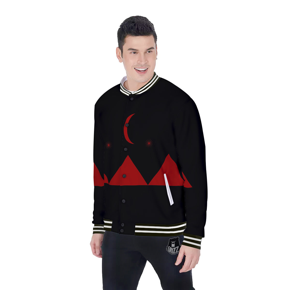 Pyramid Red Moon Print Baseball Jacket-grizzshop
